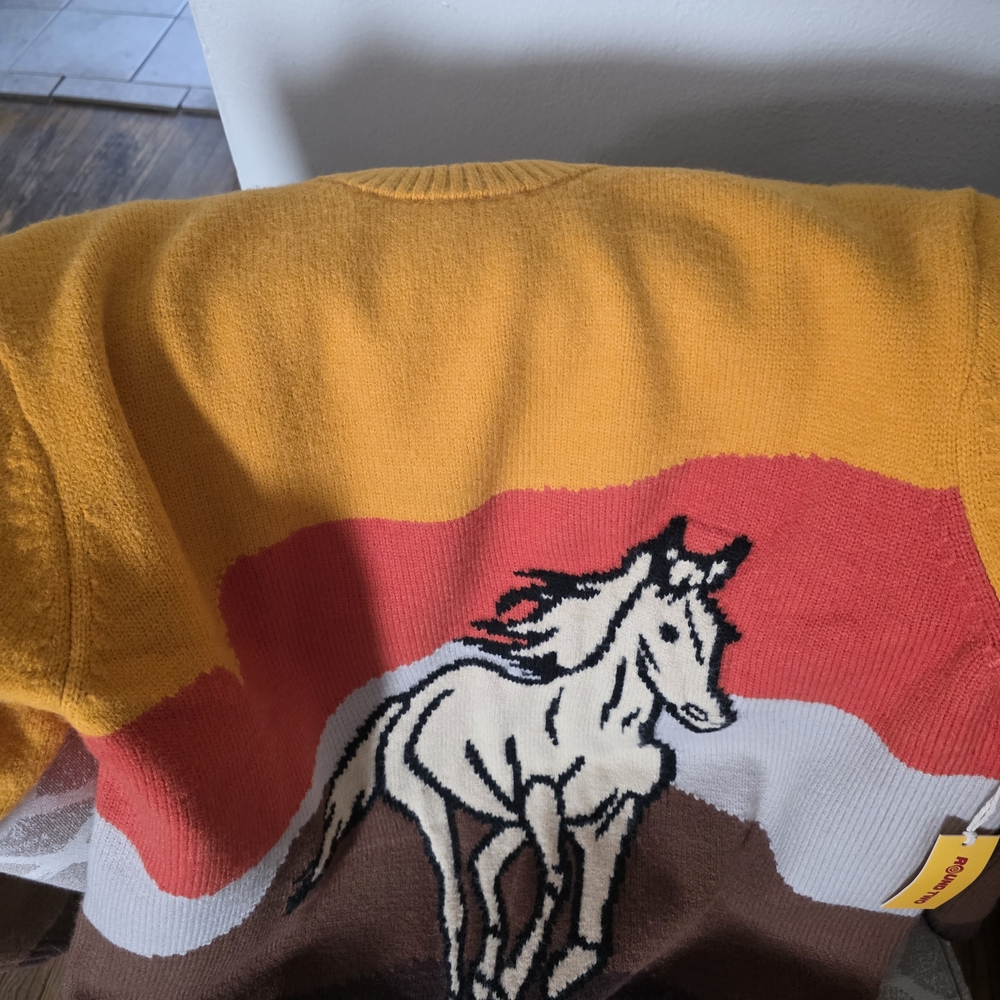Men's Crewneck Sweater with Horse Design - Yellow and Red